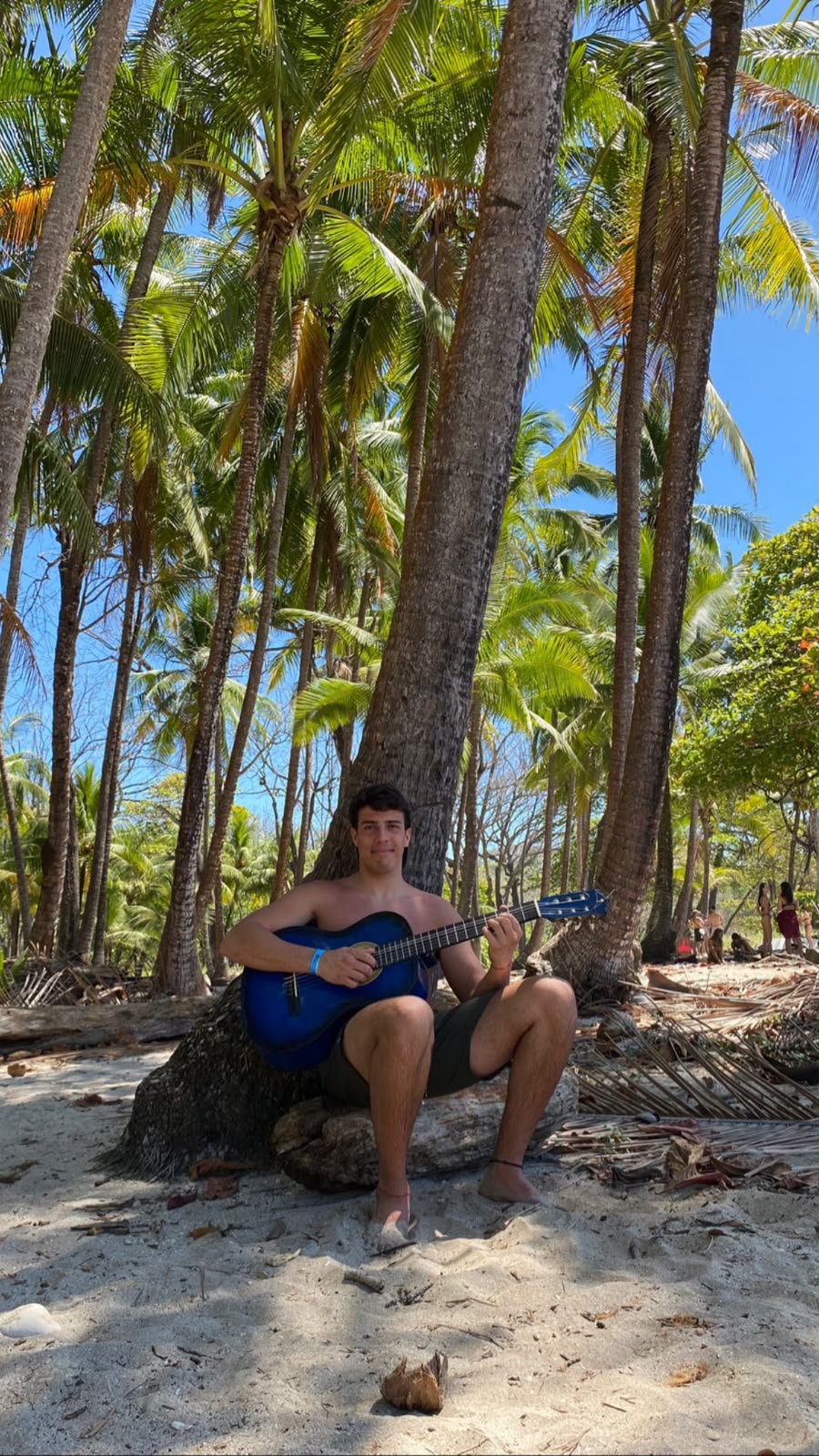 Francisco tocando la guitarra entre palmeras en la playa